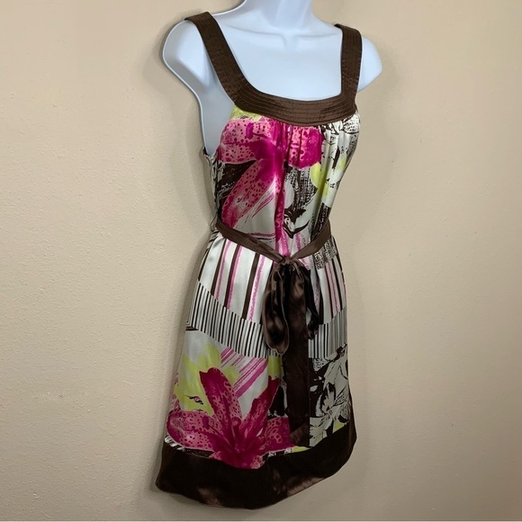 Size 4 Silk Multicolored Floral Oc By Oc Belted Dress Sleeveless Satin Pullover - Picture 4 of 11